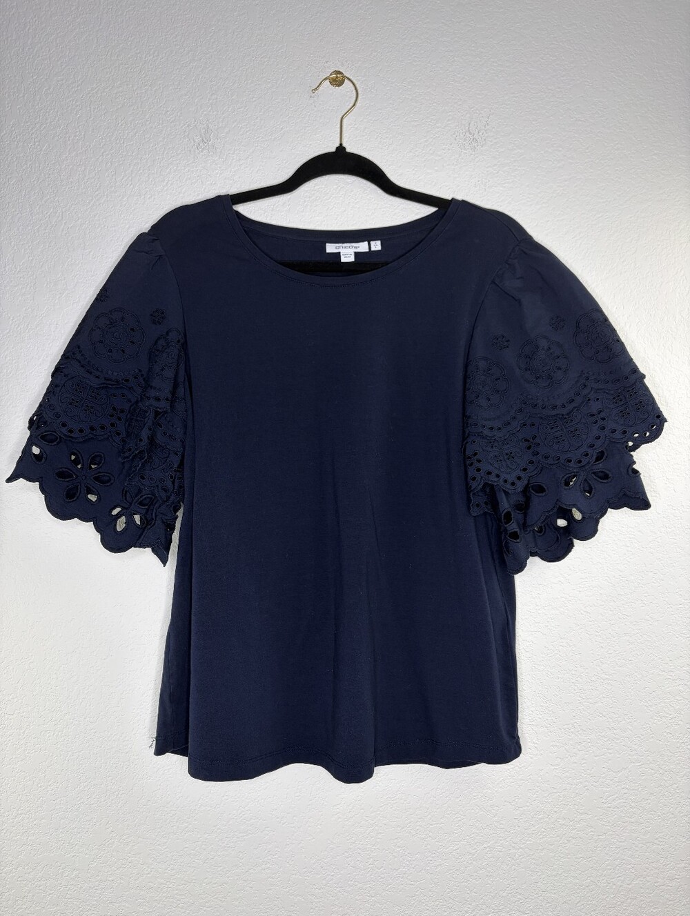 Chico's Navy Blue Embroidered Scallop Flutter Sleeve Tee Large